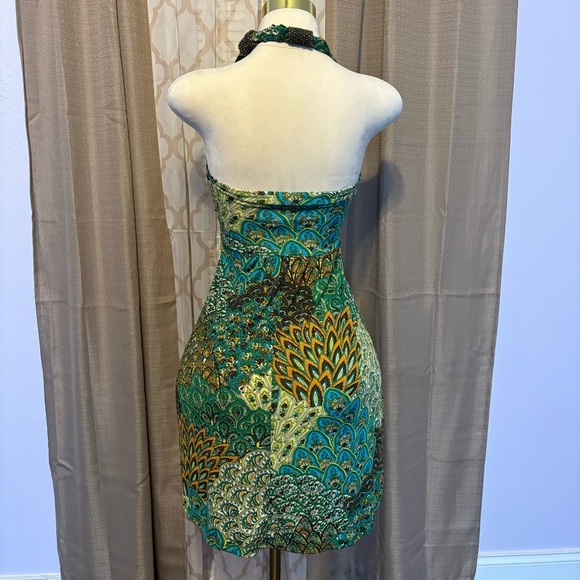Halter Neck Peacock Print Dress, size M - Picture 2 of 3
